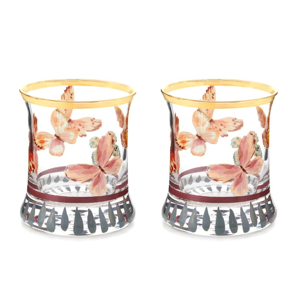 MacKenzie-Childs Butterfly Hill Tumbler Glass 8oz Set of 2  New